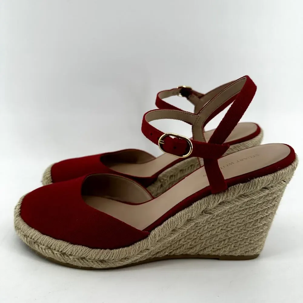 Stuart Weitzman Mykonos Sandals Closed-toe Espadrille Wedge Ankle Strap Red 10